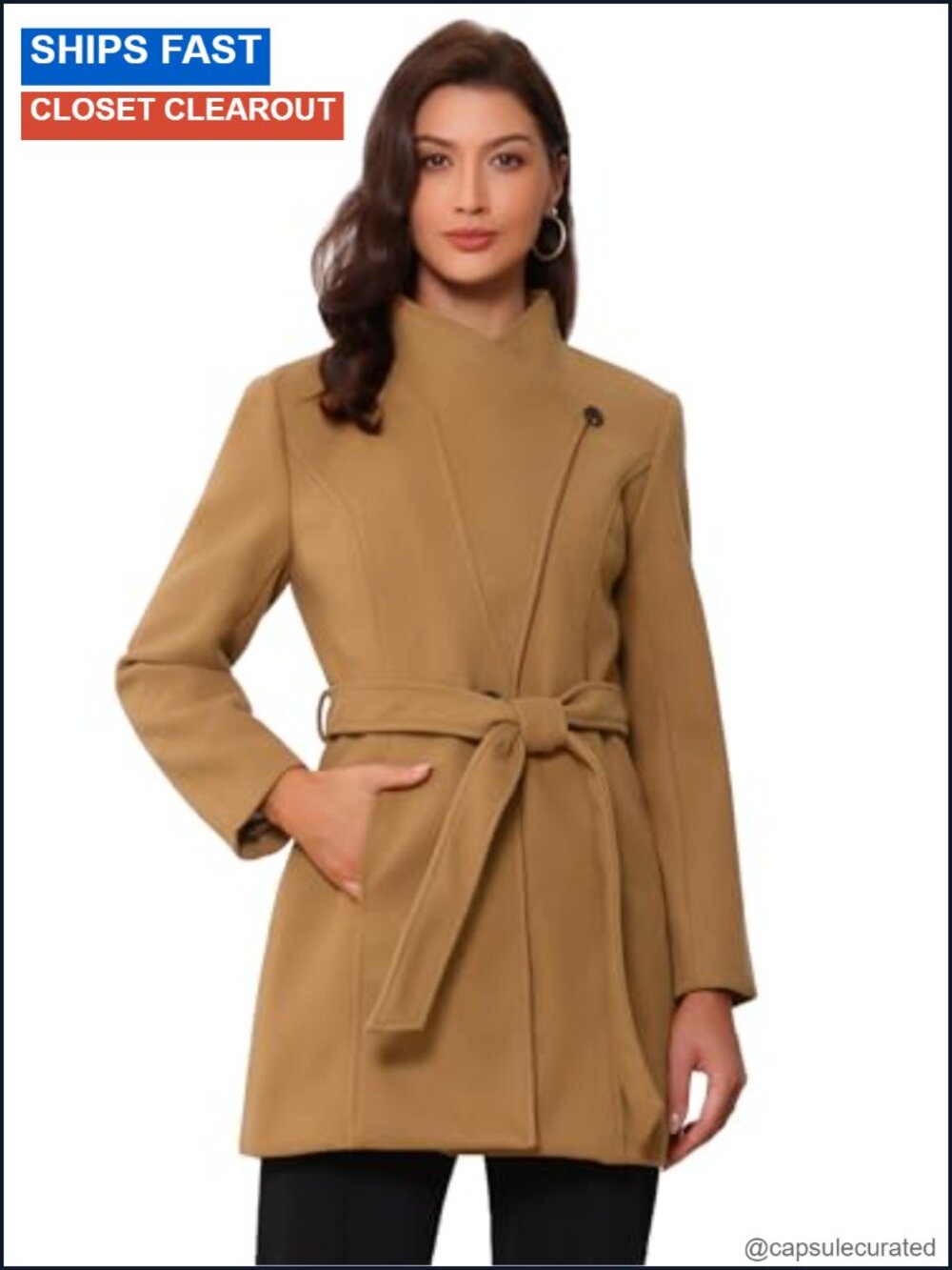 Women's Winter Pea Coat Long Belted Overcoat Stand Collar